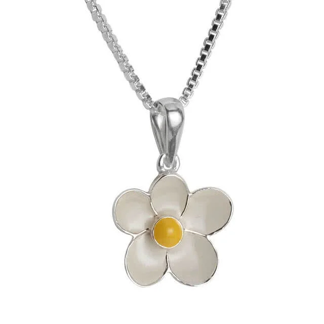 Sterling Silver White and Yellow Enamel Daisy Pendant for Girl's with a 14 inch chain