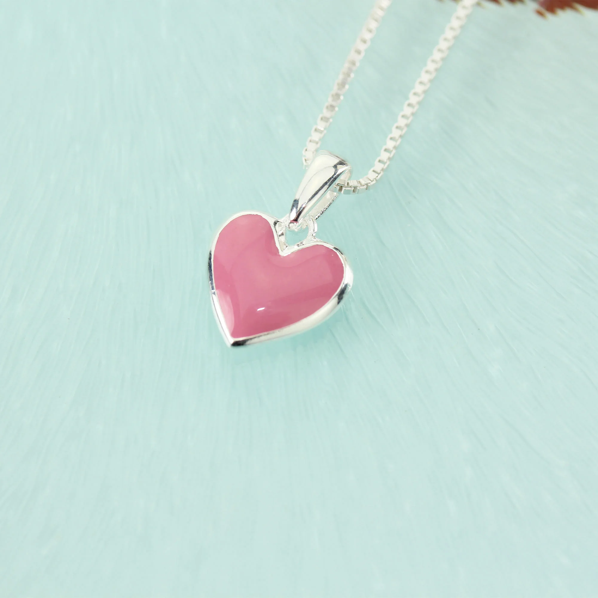 Sterling Silver Girls Pink Enamel Heart Pendant With Chain