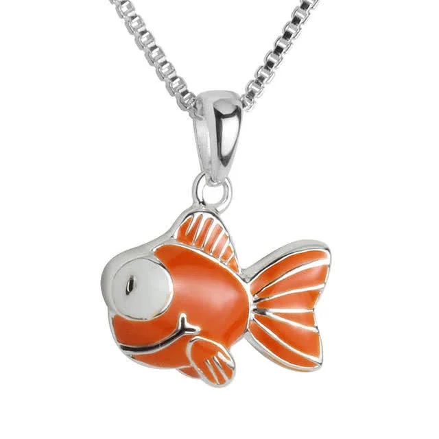 Sterling Silver Orange Goldfish Girls Pendant - Orange and White Enamel Detailing on Silver