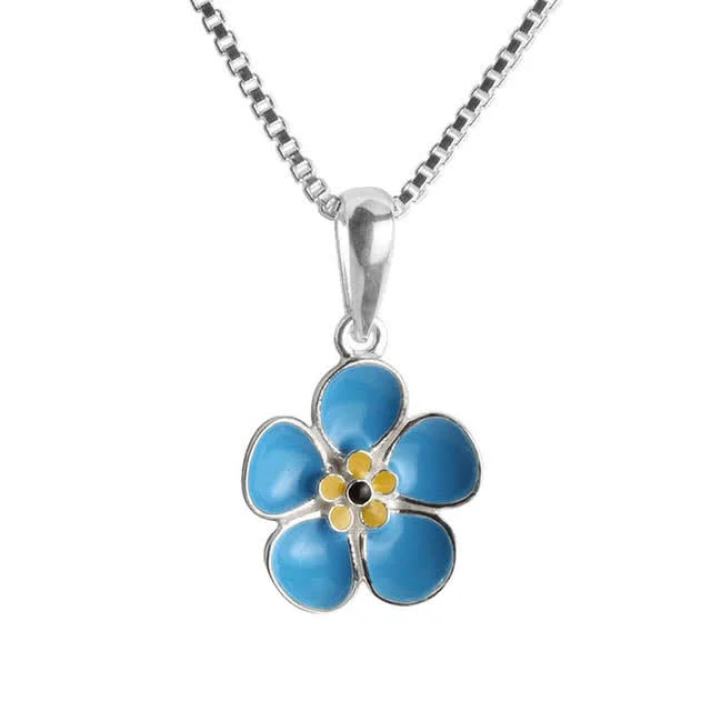 Enamel Blue Forget Me Not Pendant - Supplied with a 14 inch silver box chain