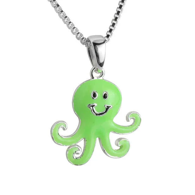 Green Octopus Girl's Silver Pendant - Green and Black Enamel Detailing on Silver