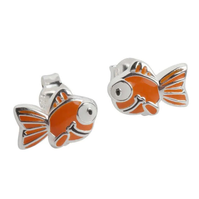 Girl's Goldfish Stud Earrings - Orange, White and Black Enameled Finish on Sterling Silver