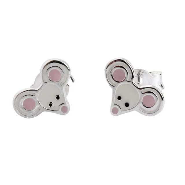 Girl's Mouse Stud Earrings - Cute little mouse design with enamel white and pink detailing