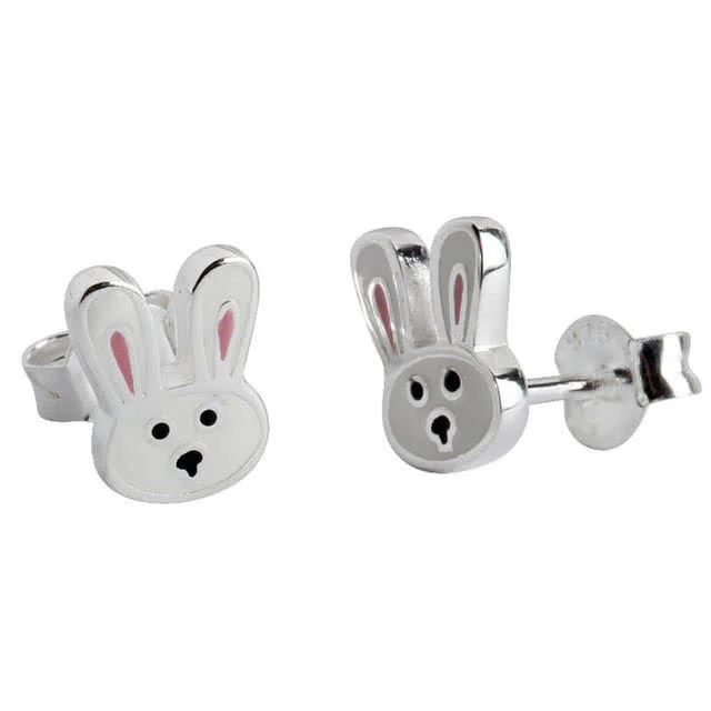 Girl's Enamel Bunny Stud Earrings - Sterling Silver