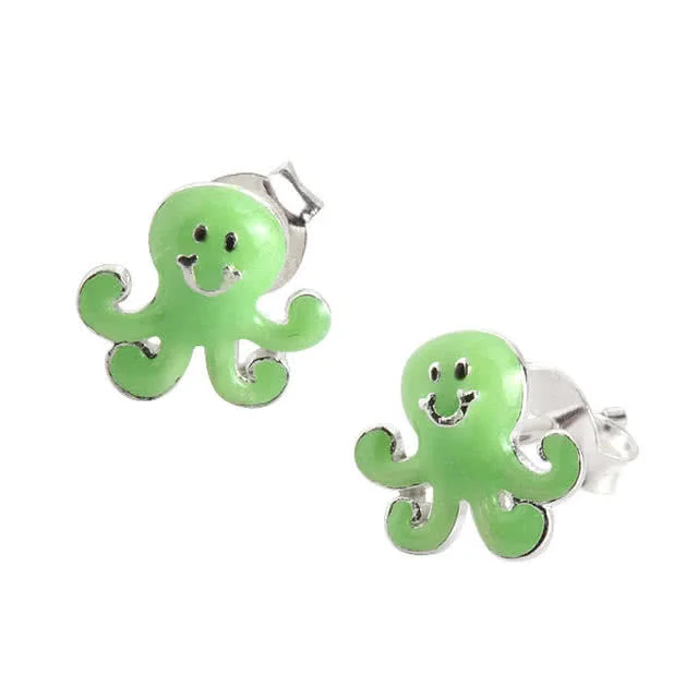 Girl's Green Octopus Sterling Silver Stud Earrings