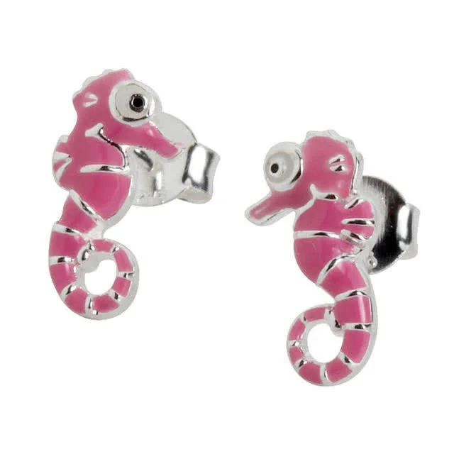 Girls Pink Seahorse Silver Stud Earrings