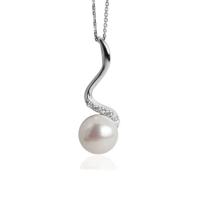 Freshwater Pearl and Cubic Zirconia Swirl Pendant - 10mm Diameter Pearl