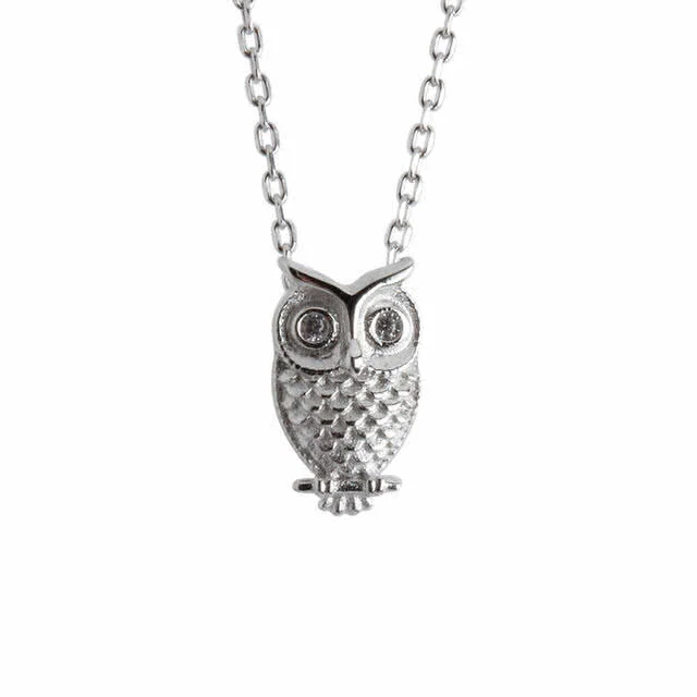 Silver Owl Necklace with CZ Eyes - Rhodium Plated