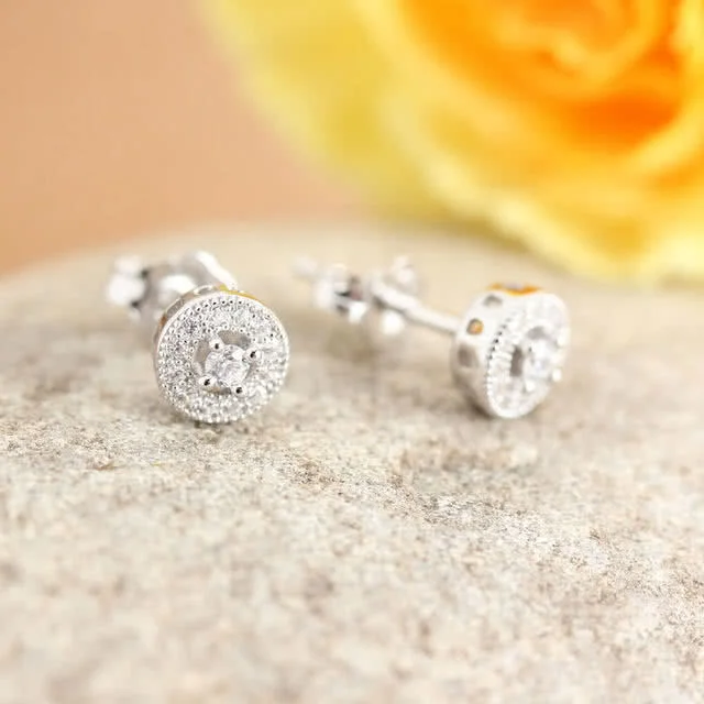 Girls Small Cubic Zirconia Halo Earring Studs