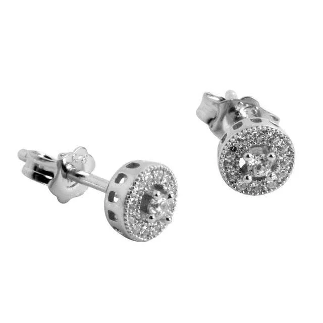 Silver Rhodium Plated Cubic Zirconia Halo Studs