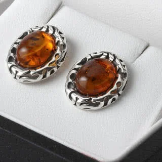 Classic Silver Amber Oval Earrings - Golden Honey