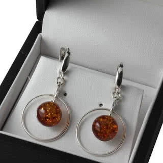Honey Baltic Amber Bead in Circle Earrings - Quality Leverback