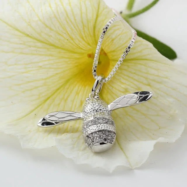 Bumble Bee Silver Cubic Zirconia Pendant - 18 inch Chain