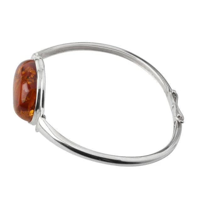 Oval Amber Silver Bangle - Hinged with Safety Clasp