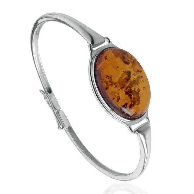 Oval Honey Baltic Amber Silver Bangle - 11 grams