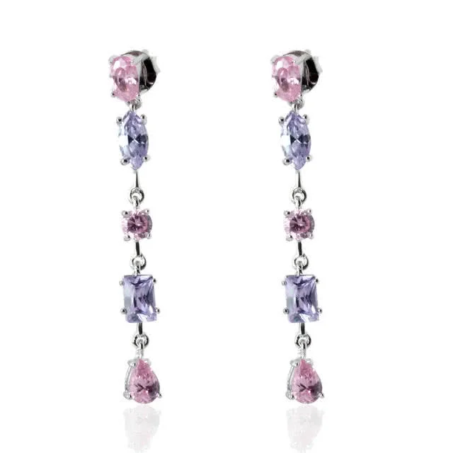 Pink and Lavender Long Drop Earrings - Rhodium Plated for a White Gold Look