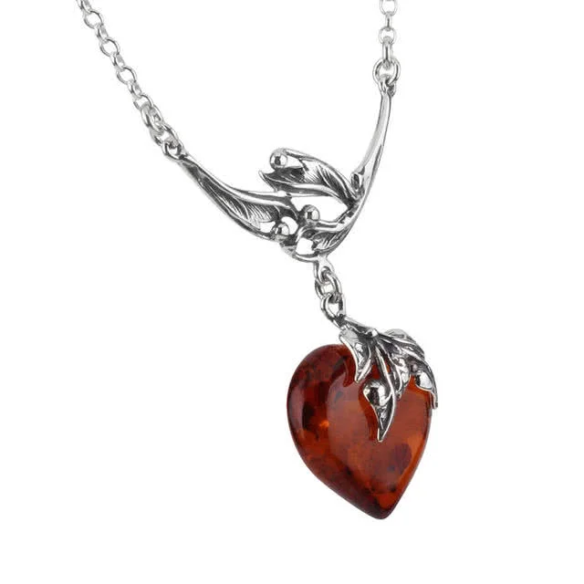 Silver Hand Carved Art Nouveau Cognac Baltic Amber Heart Necklace