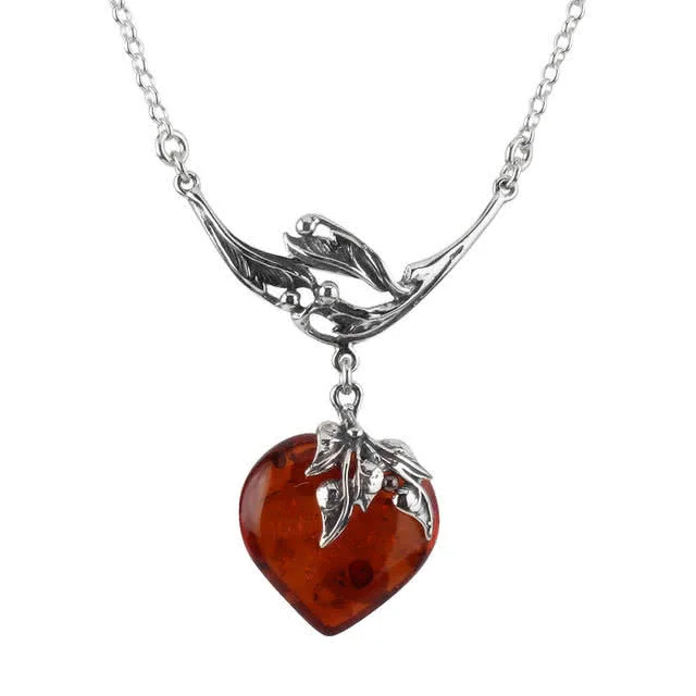 Silver Cognac Baltic Amber Heart Necklace