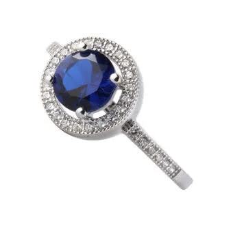 Simulated Sapphire Silver Halo Ring