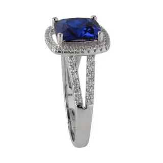 Deep Blue Simulated Sapphire Ring - Double shoulders set with simulated diamonds