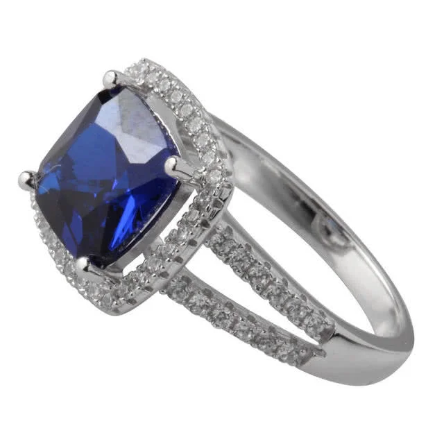 Gorgeous Princess Cut Simulated Sapphire Ring Halo Design Sterling Silver Ring