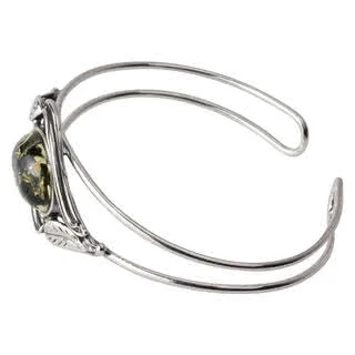 Art Nouveau Green Amber Silver Leaves Bangle - It can be gently manipulated to fit all wrist sizes