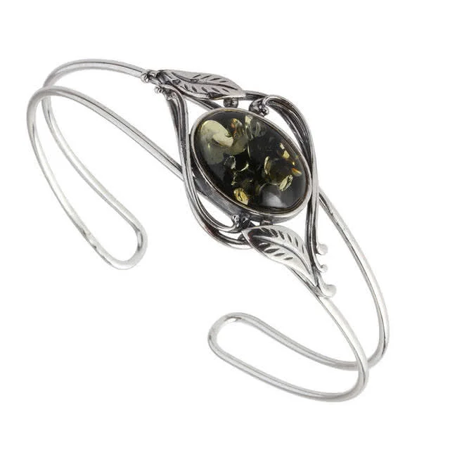 Green Baltic Amber Silver Leaves Bangle - 11 grams