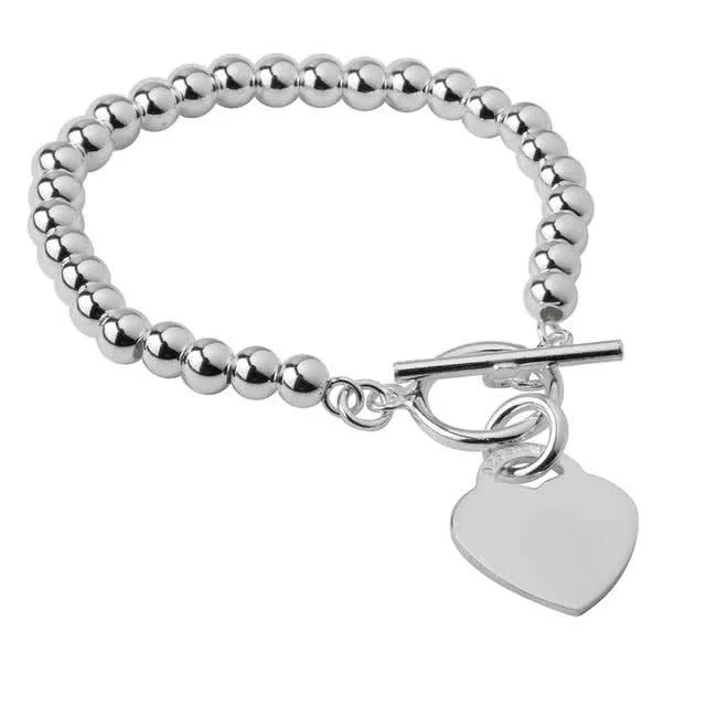 Sterling Silver Bead Toggle Bracelet with Heart Charm