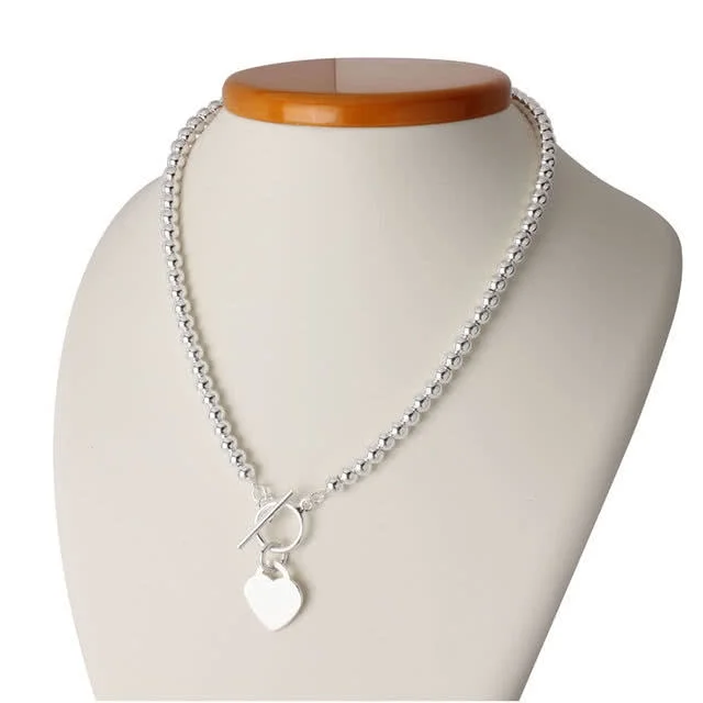 Sterling Silver Bead Necklace with Heart Charm