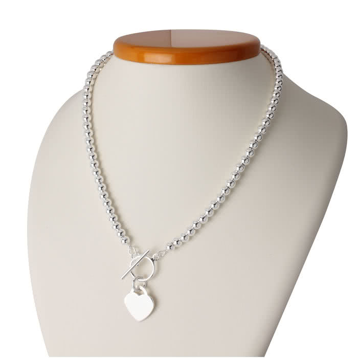 T Bar Sterling Silver Bead Necklace With Heart Charm - Bead Necklace With Silver Pendant T Bar Sterling Silver Bead Necklace With Heart Charm - Bead Necklace With Silver Pendant