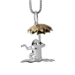 Frog on Lily Pad with Gold Plated Umbrella Silver Pendant
