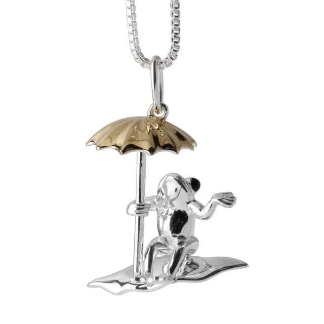 Frog on Lily Pad with Umbrella Silver Pendant