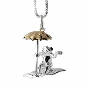 Frog on Lily Pad with Umbrella Silver Pendant