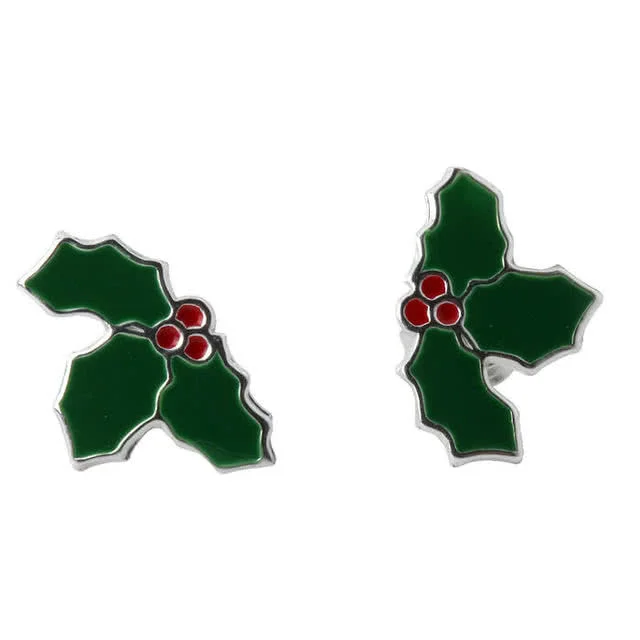 Christmas Holly Silver Earrings - Enamel Holly and Red Berry detailing
