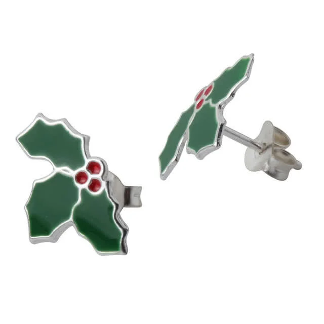 Silver Holly Christmas Earrings measuring 13mm x 10mm