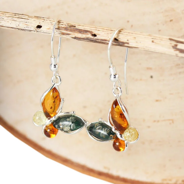 Multicoloured Baltic Amber Sterling Silver Butterfly Drop Earrings