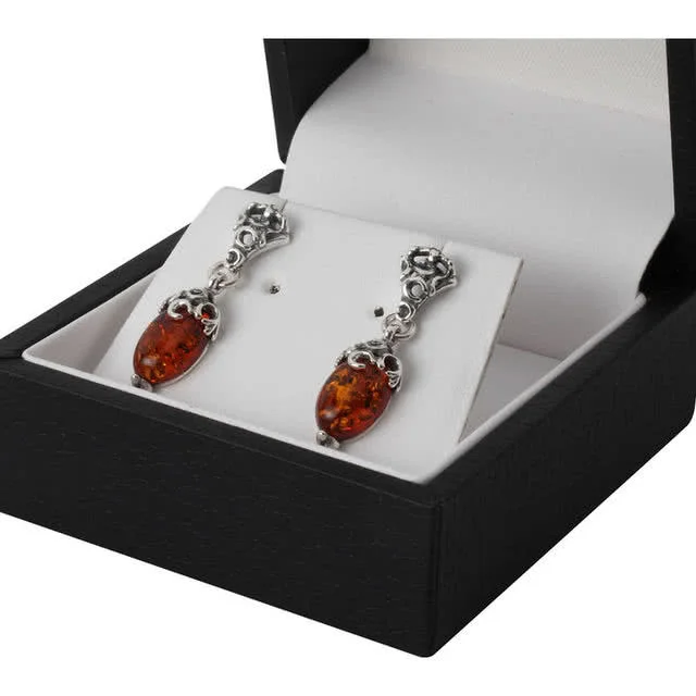 Silver Circles Cognac Baltic Amber Drop Earrings - 30mm Drop 