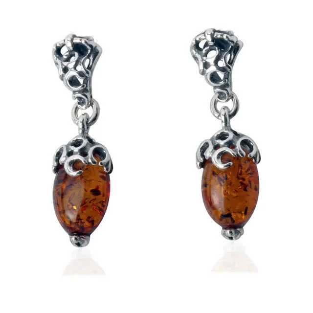 Cognac Baltic Amber Silver Circles Drop Earrings