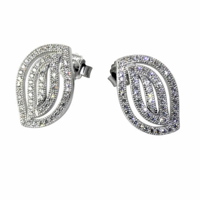 Premium Quality Simulated Diamond Micro Set Silver Leaf Earrings