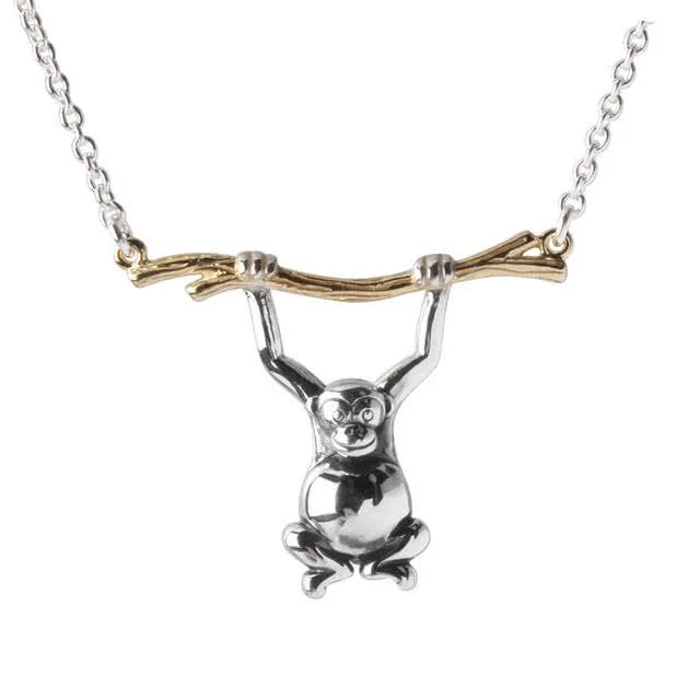 Swinging Monkey Silver Necklace on Gold Plated Branch