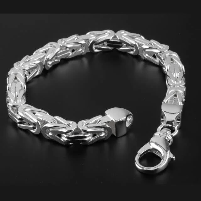 Men's Square Heavy Byzantine Silver Bracelet - 8mm Square Link Width