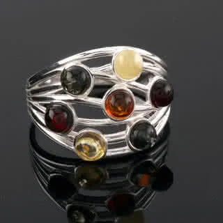 Multi Coloured Baltic Amber Silver Ring - Honey, cherry, milky, lemon and green 