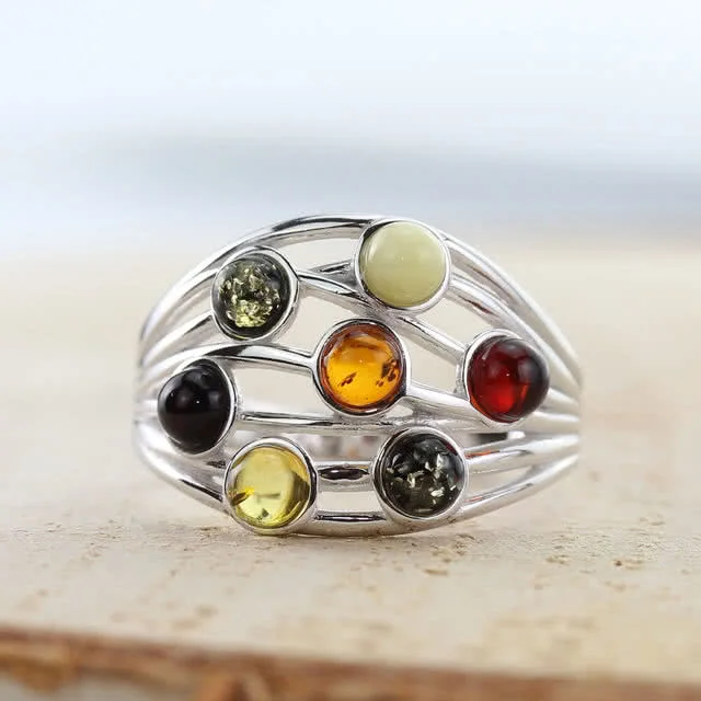 Rhodium Plated Sterling Silver Amber Ring
