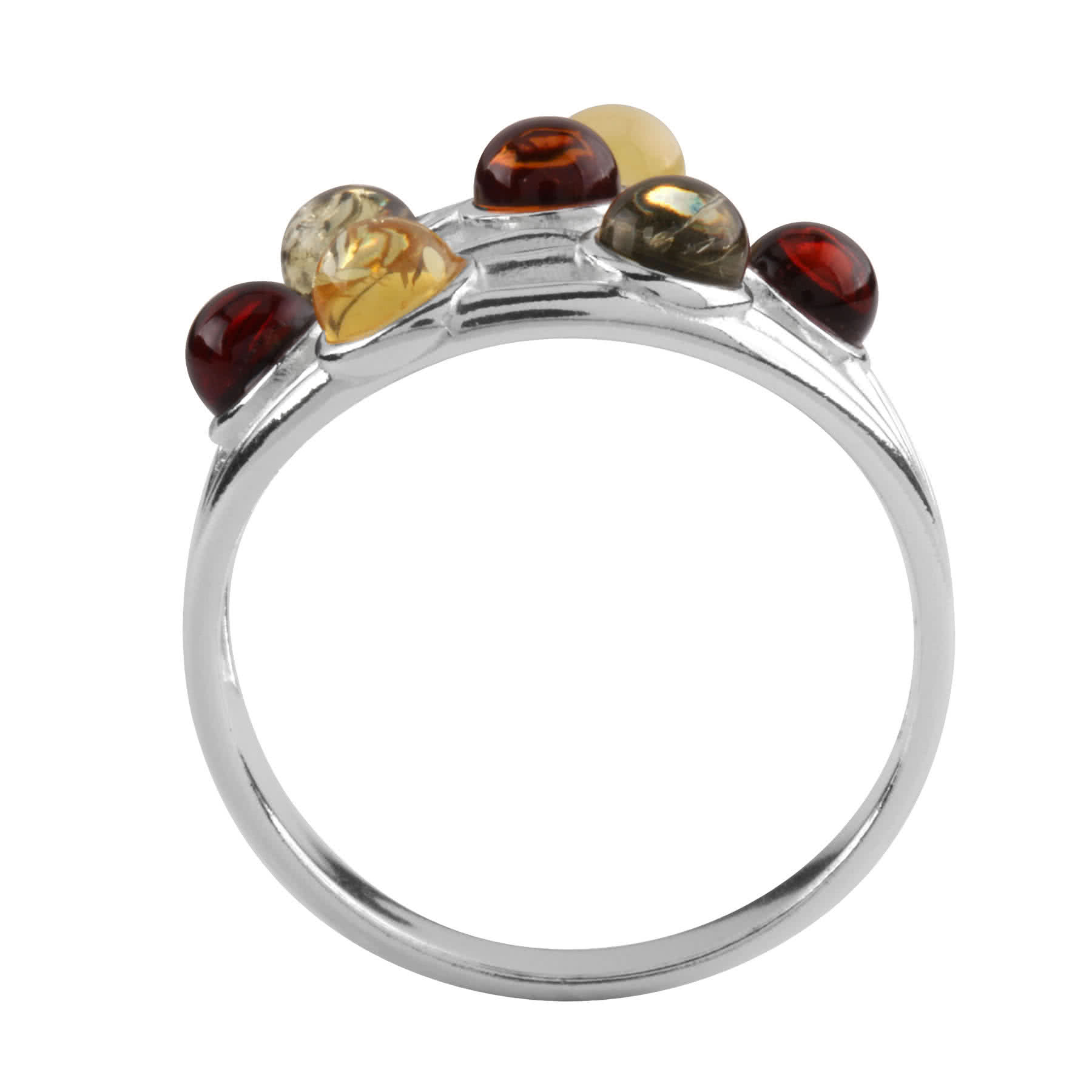 Multi Coloured Baltic Amber Silver Ring - Honey, cherry, milky, lemon and  green
