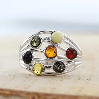 Multi Coloured Baltic Amber Silver Ring - Honey, cherry, milky, lemon and green 