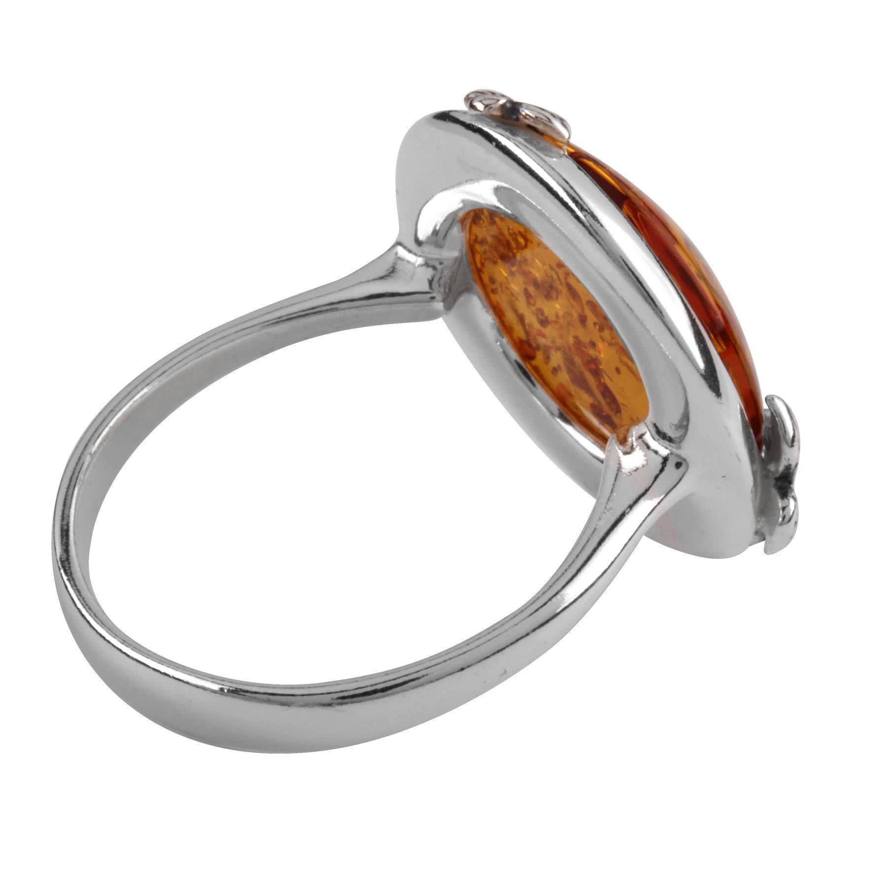 Silver and Amber Ring with Butterfly Decoration