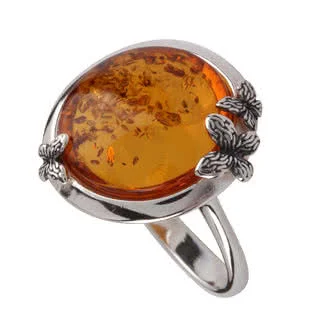 Golden Amber Butterfly Silver Ring