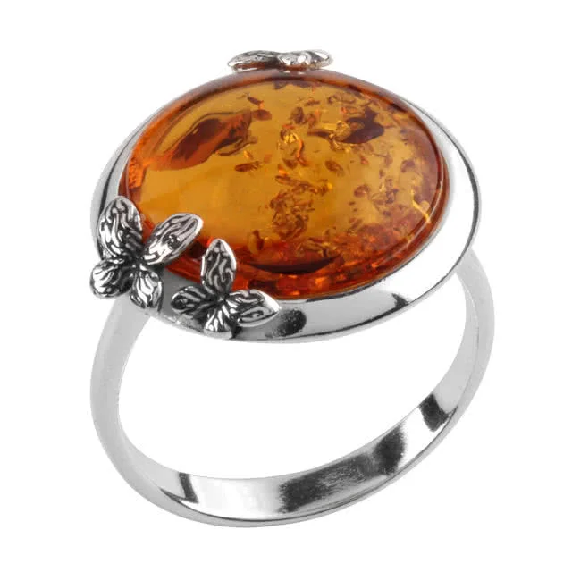 Round Honey Baltic Amber Butterflies Silver Ring