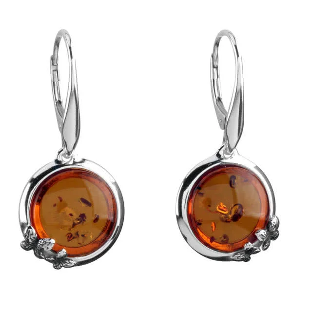 Round Honey Baltic Amber Butterflies Earrings