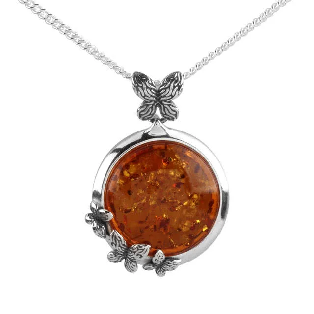 Round Honey Baltic Amber Butterflies Pendant